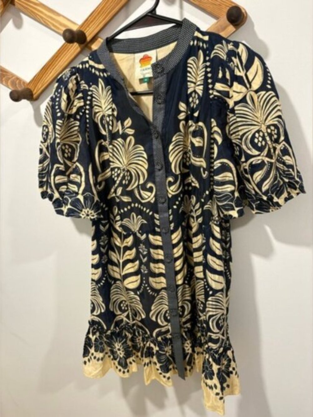 Anthropologie Farm Rio Ainika Floral Puff Sleeve Mini Dress XS Navy Tan NWT - Picture 5 of 7